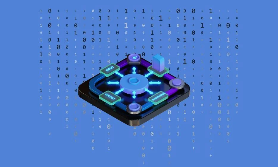 Ilustración digital de estilo tecnológico sobre un fondo azul. En toda la escena aparecen dispersos números binarios (0 y 1), que caen o flotan verticalmente, sugiriendo datos digitales o procesamiento informático.